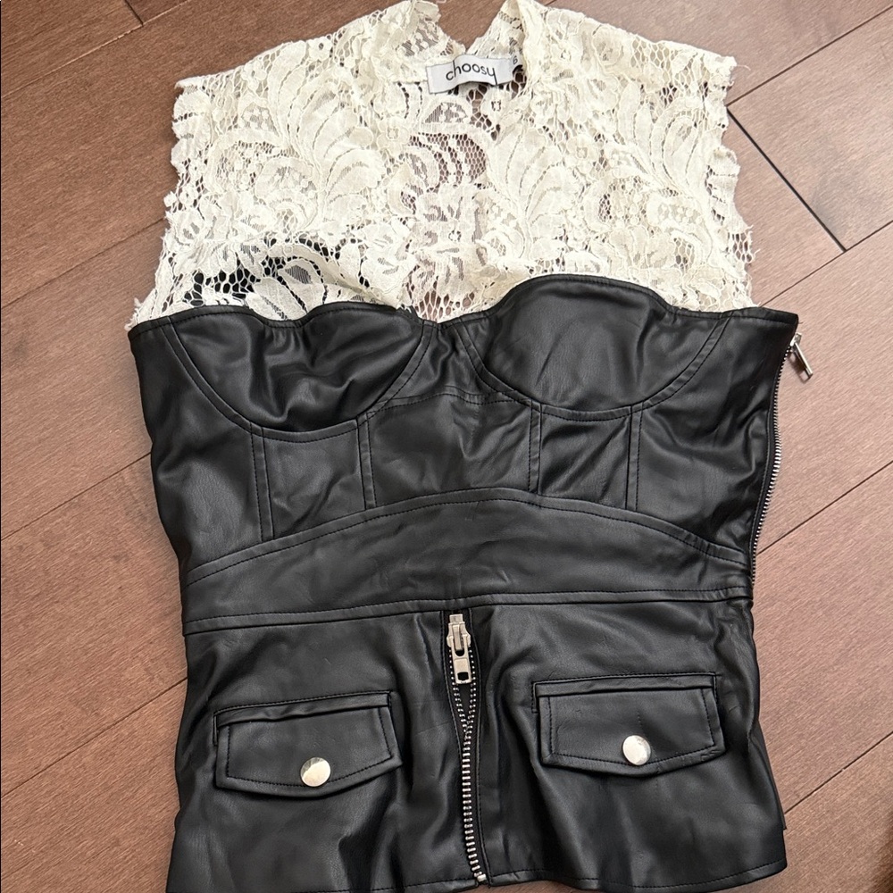 Choosy Black Faux Leather Lace-Back Corset Top